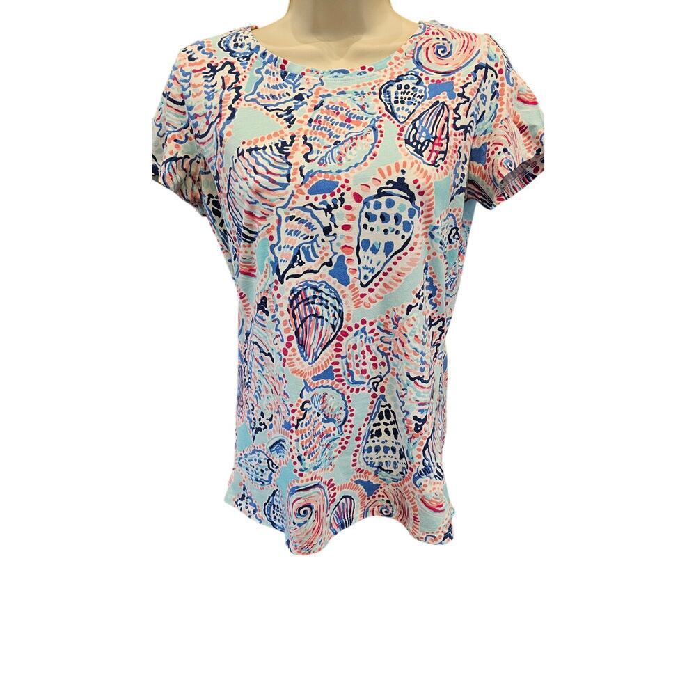 Lilly Pulitzer KARRIE TOP T SHIRT Shell Me About It SHELLS Blue Pink S bright
